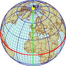 The earth with the prime meridian and equator indicated