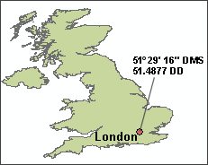 Map showing DMS and DD latitude coordinates for London