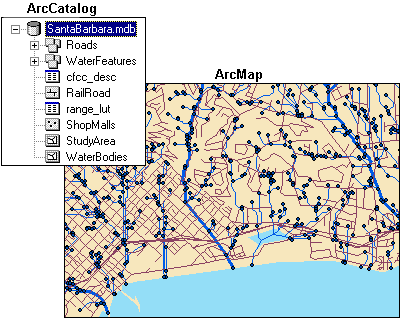 ArcCatalog and ArcMap views of a geodatabase